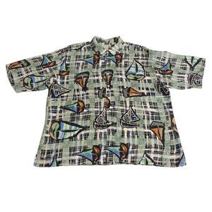 Vintage Burma Bibas Shirt Mens L Hawaiian Silk Sailboats Watercolor All Over 90s